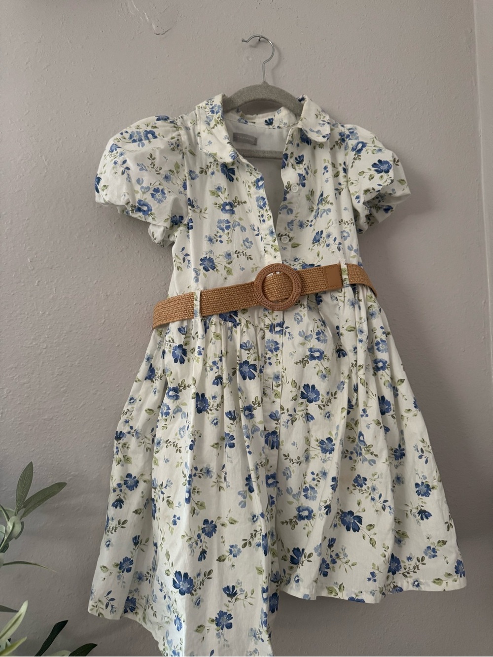 Tahari White Floral Dress with Blue Print and Tan Belt